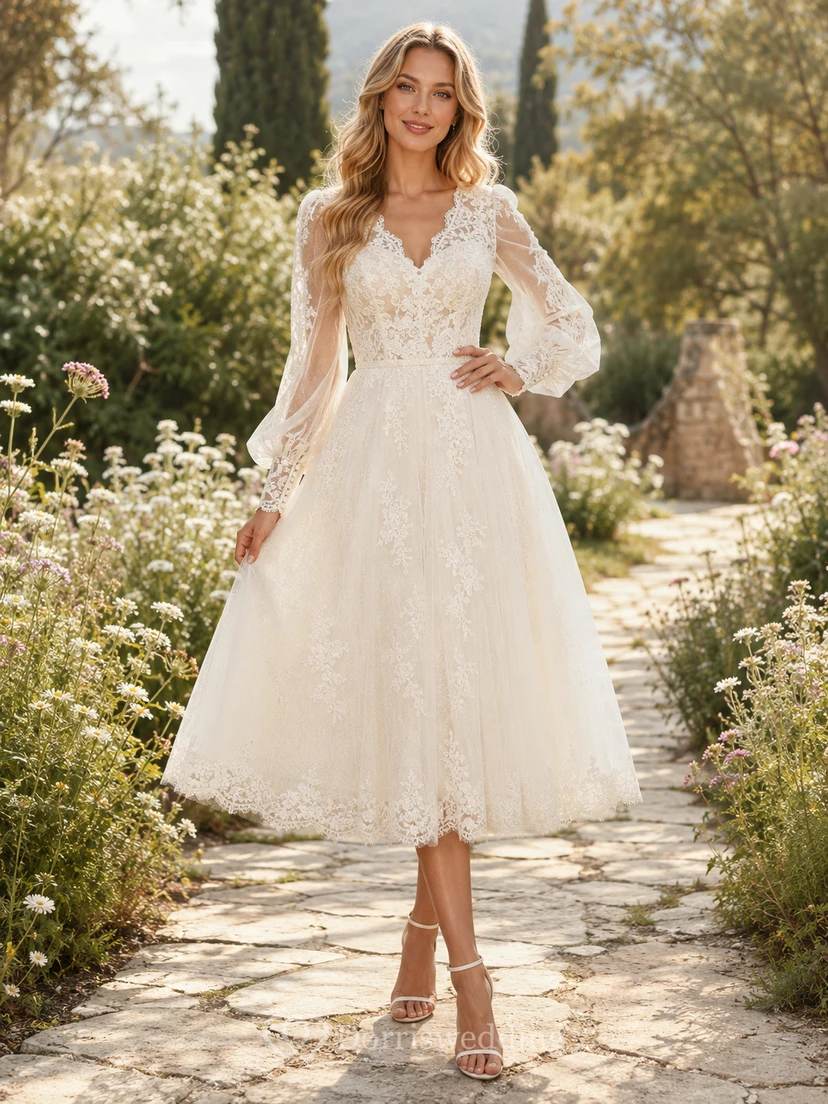 Bohemian Tea-Length V-Neck Three-Quarter Lace Country Vintage Romantic Wedding Dress
