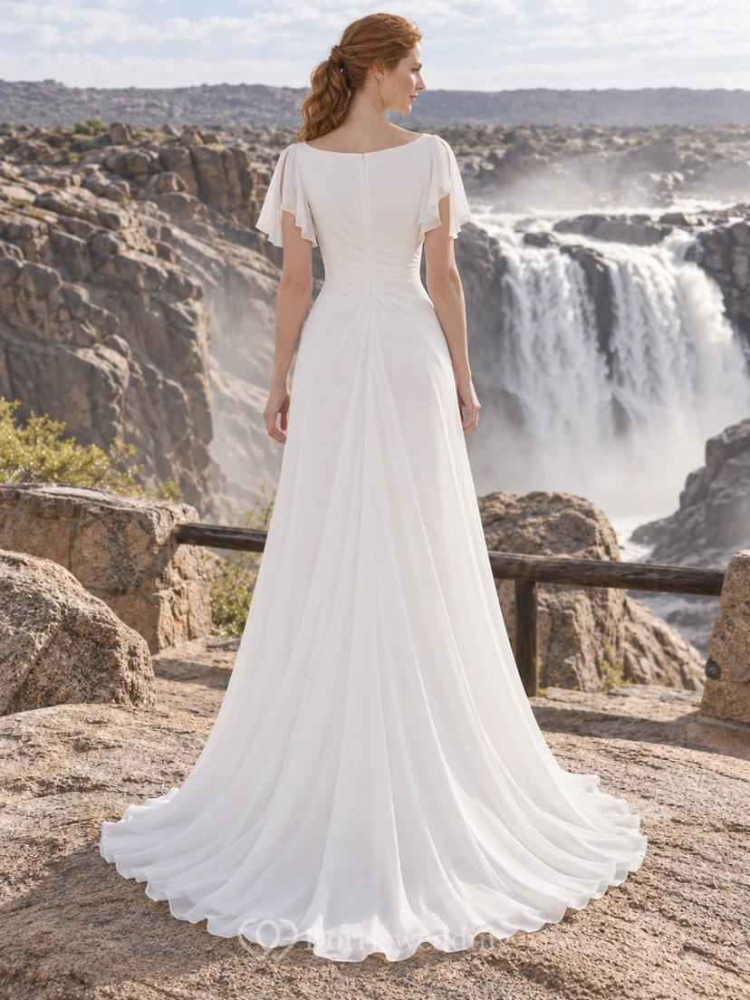Vestido de novia sencillo de gasa con escote barco, manga corta y cintura drapeada. view 2
