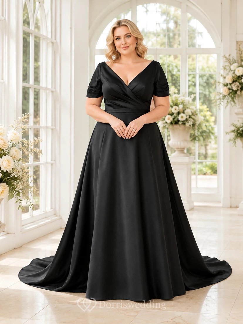 Elegant Black Plus Size V Neck Short Sleeve Satin A-Line Wedding Gown