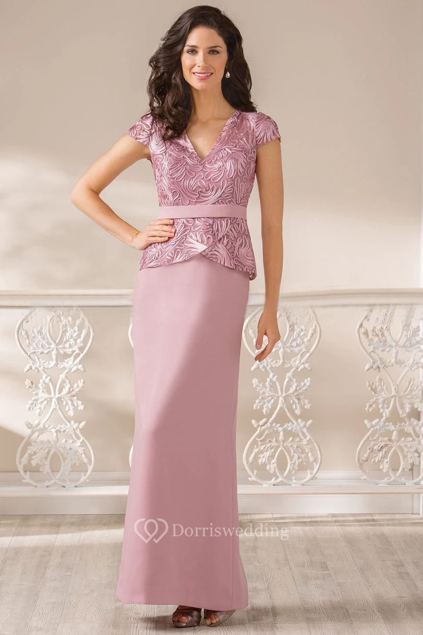 V-Neck Cap-Sleeved Long Peplum Style Gown With Appliques