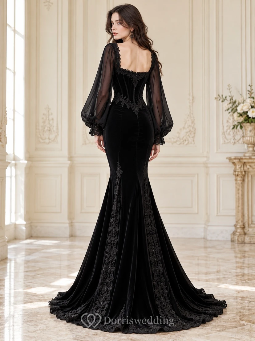 Black Gothic Square Neck Bishop Sleeve Velvet Mermaid Gown view 2