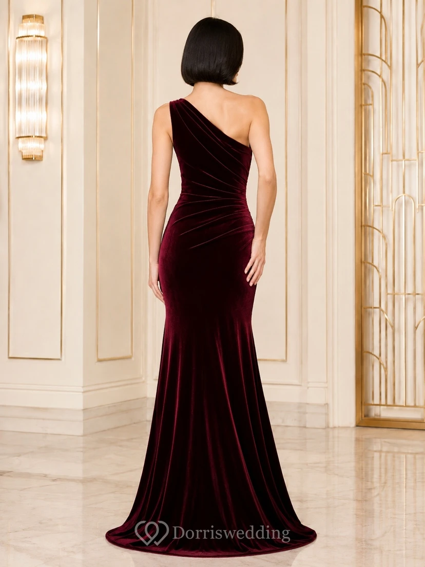 Burgundy Velvet One-Shoulder Sleeveless Mermaid Floor-length Formal Dress view 2