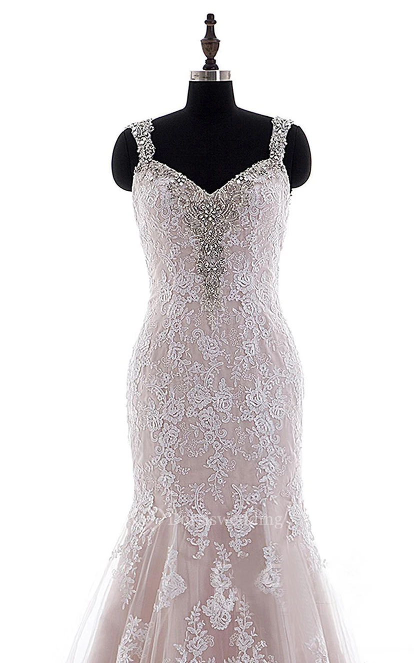 Mermaid Mini Straps V-Neck Bell Cap Beading Appliques Court Train Backless Straps Lace Dress view 2