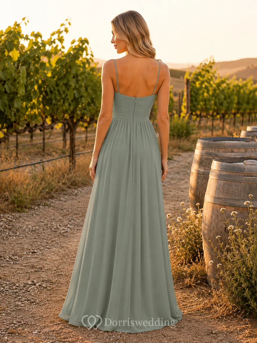 Sage Chiffon A-Line Cowl Neck Spaghetti Strap Draped Low Back Floor-Length Bridesmaid Dress view 2