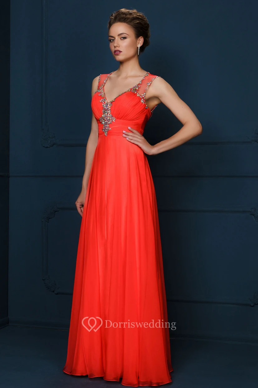 Sheath V-Neck Sleeveless Floor-Length Beaded Evening Dress With Ruching view 3