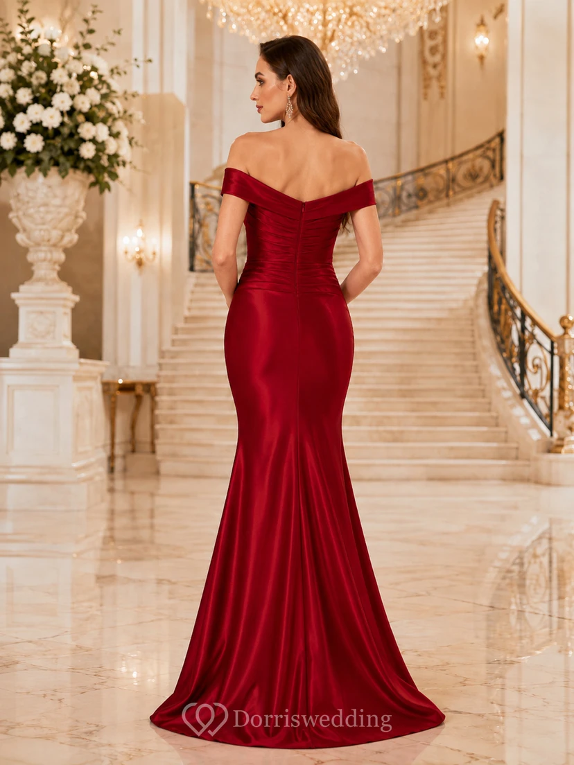 Vestido de noche largo hasta el suelo, de satén rojo, con escote corazón, mangas cortas y fruncido, estilo sirena. view 2