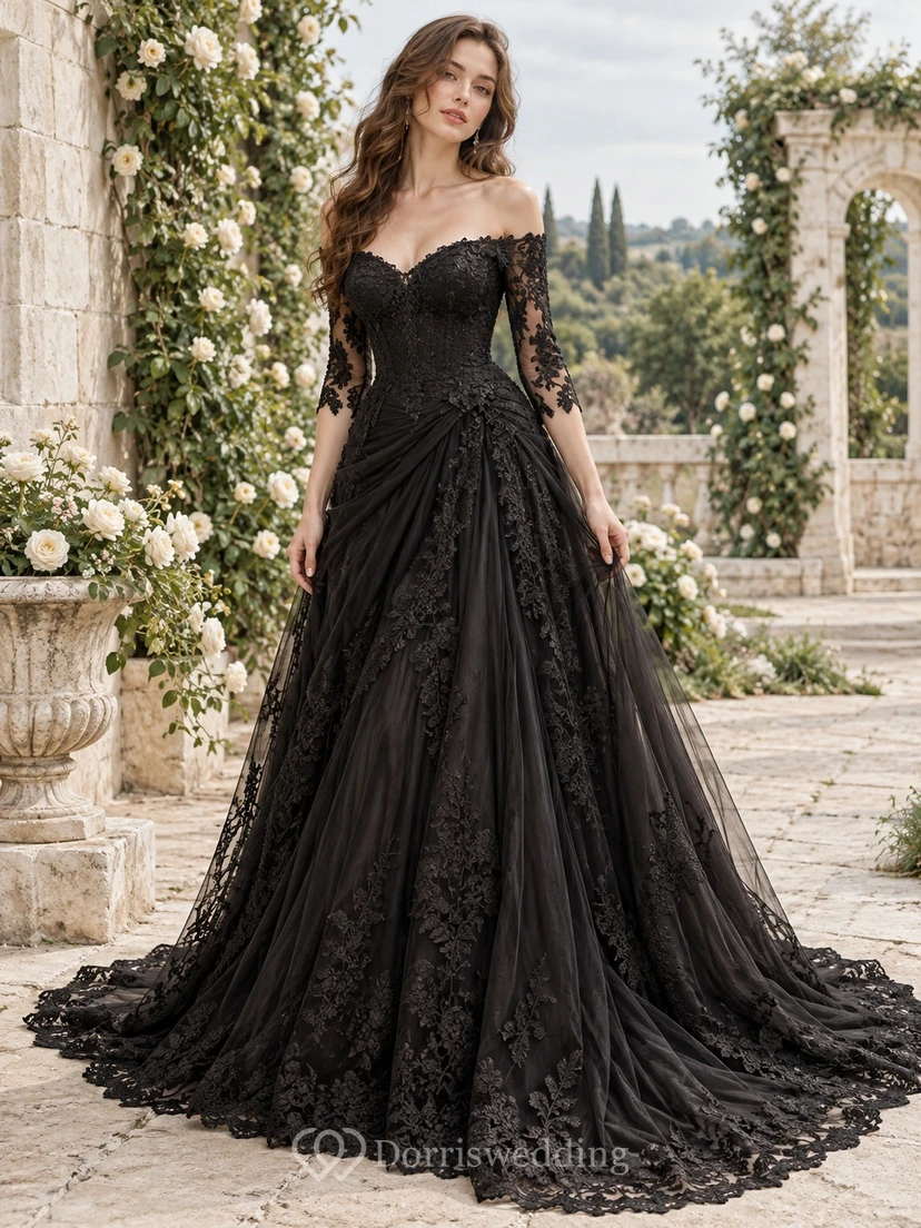 Gothic Black Off Shoulder Lace Sleeve Draped Train Wedding Dress