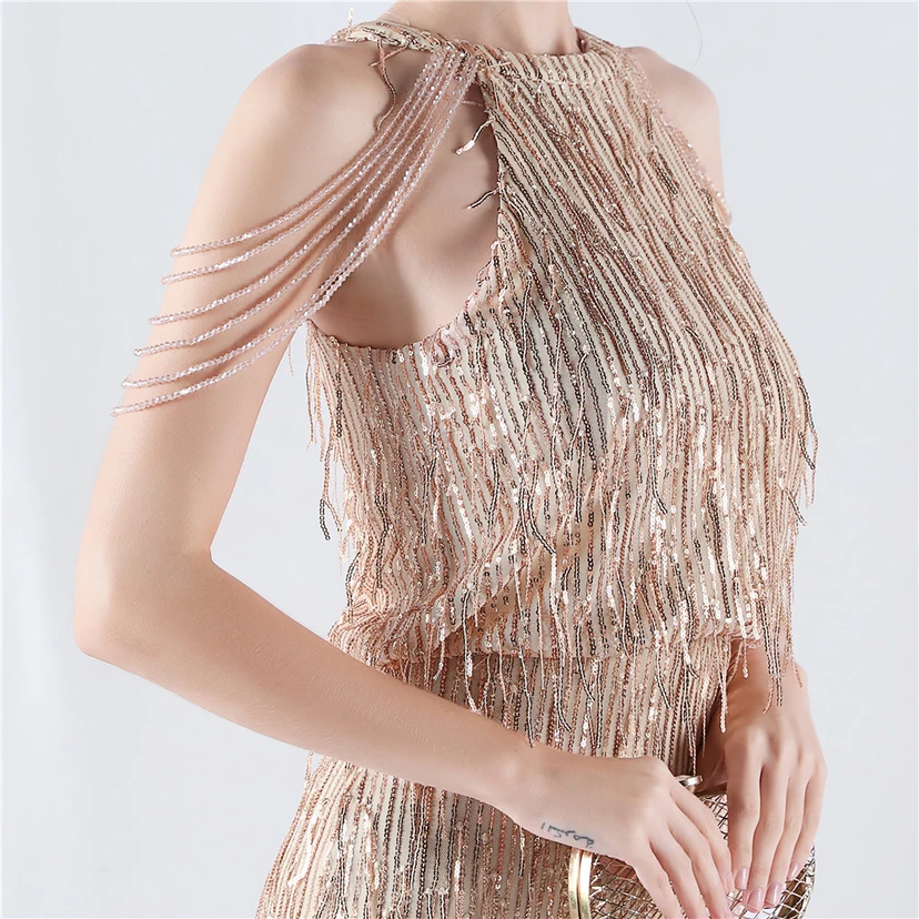 Tassel Sequined Halter Neck Beaded Sexy Hip-Wrapped Nightclub Short Dress view 9