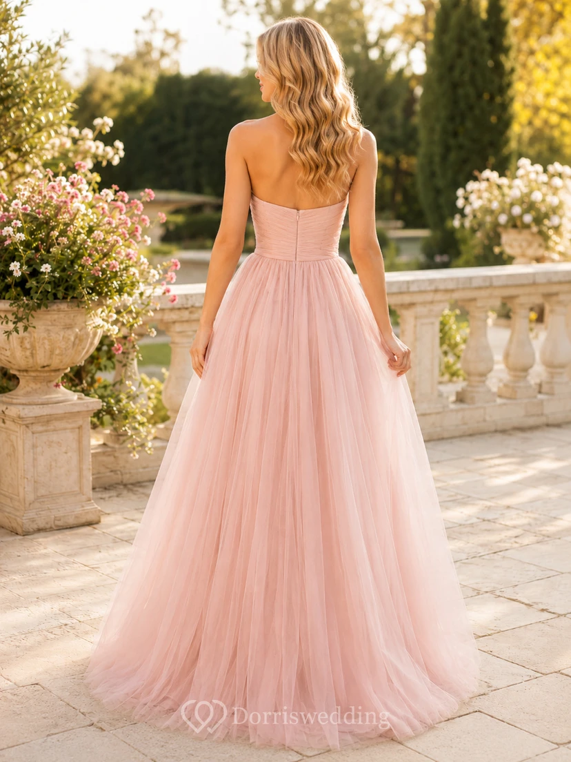 Rosafarbenes, trägerloses Tüllkleid mit Herzausschnitt in A-Linie view 2