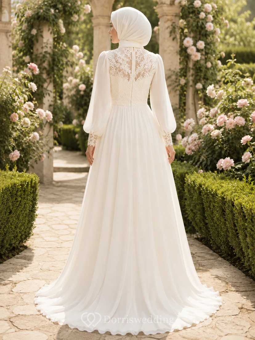 Summer Muslim Chiffon Lace Bodice A-Line Garden Wedding Dress view 2