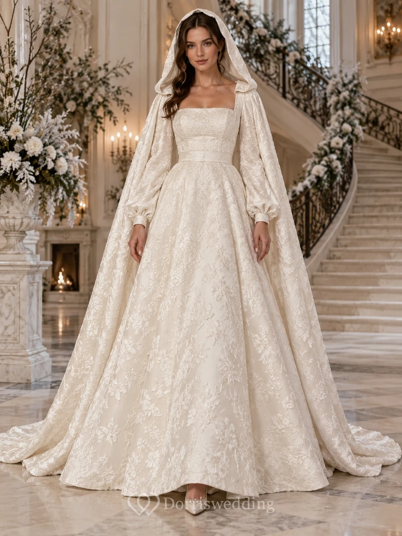 Langärmeliges, eckiges Brokat-Brautkleid in A-Linie mit Kapuze und Kapuze