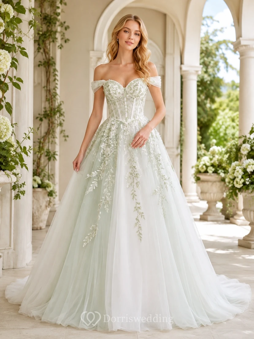 Celadonfarbenes, botanisches Brautkleid, schulterfrei, ärmellos, mit Kapellenschleppe, romantisch-elegant