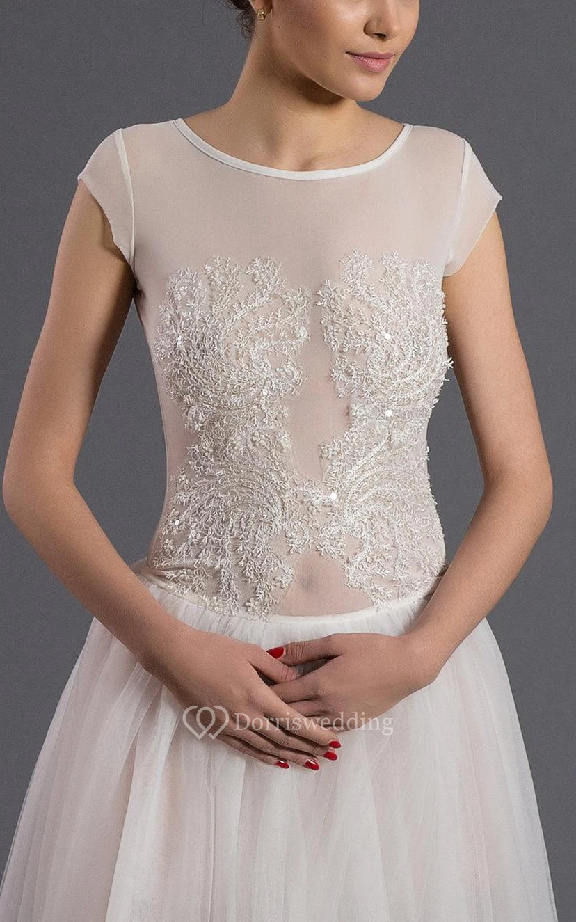 Cap Sleeve A-Line Tulle Gown With Illusion Back and Scoop Neckline view 4