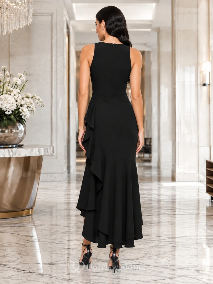 Black Sleeveless Ruched Asymmetrical Midi Dress Classic Occasion view 2