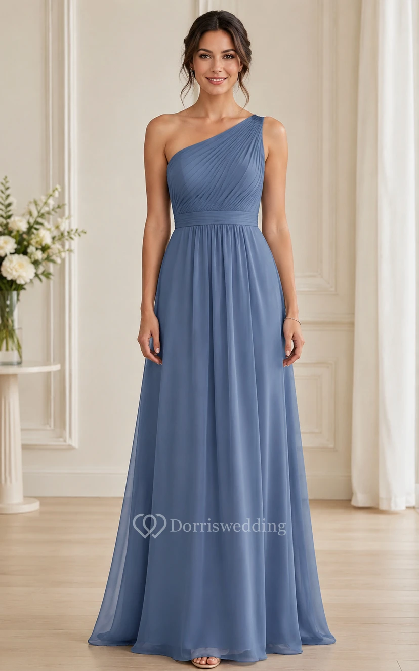Steel Blue One-Shoulder A-Line Chiffon Bridesmaid Dress