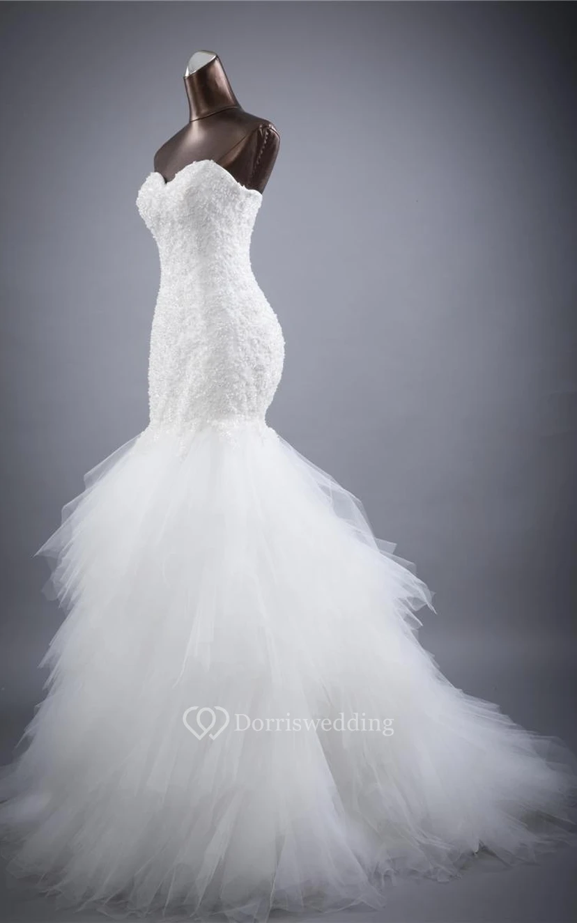 Ärmelloses Trompetenkleid aus Organza und Satin mit Blumenmuster und Spitze view 3