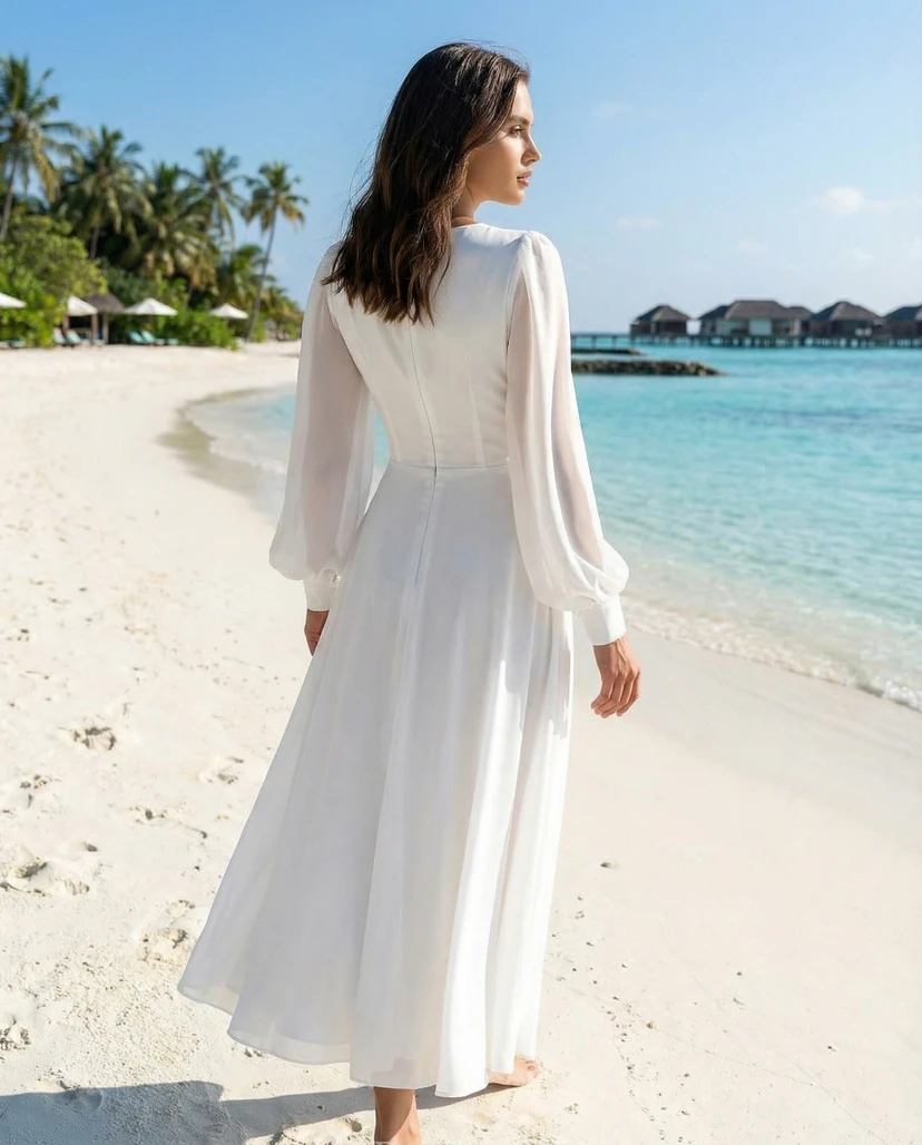 Robe de mariée de plage en mousseline, coupe trapèze, col en V, manches longues, longueur thé view 2