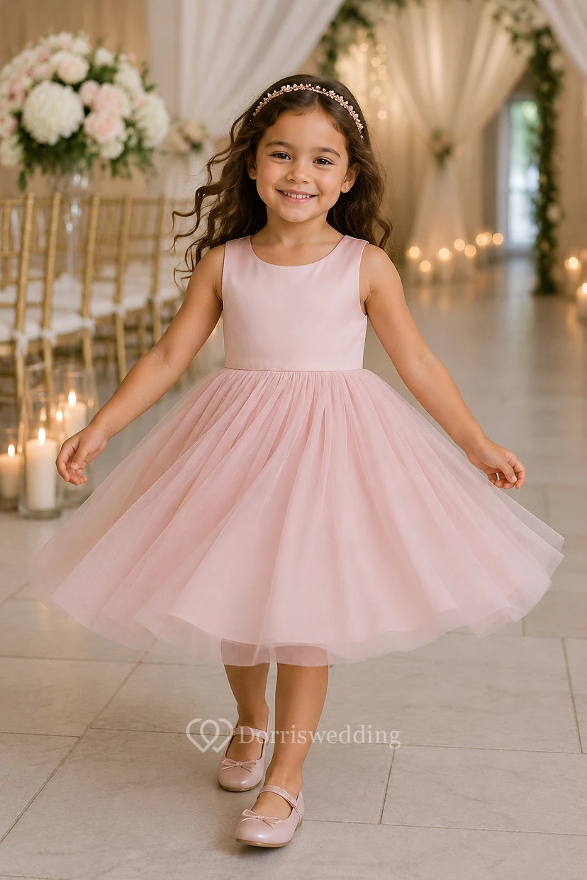 Purple Scoop-neck Sleeveless Satin A-line Tulle Flowergirl Dress view 3