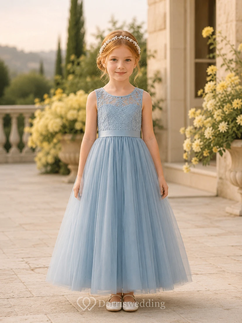 Flower Girl Dress Sky Blue Lace Tulle A-Line Jewel Neck Tea Length