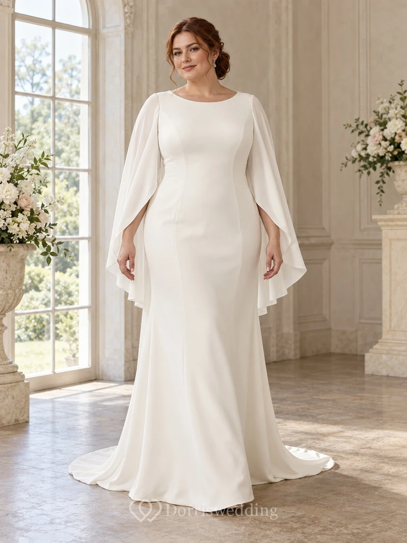 Vestido de novia de corte recto con escote redondo discreto, mangas largas tipo capa y cola larga.