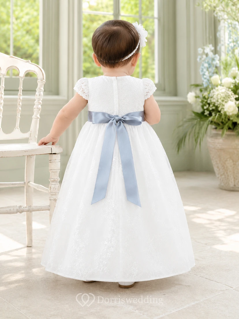 Baby Baptism Christening Ceremony Gown A-Line Floor-Length Jewel Neck Cap Sleeve Satin Tulle Ribbon Sash Bow Back Button Back view 2