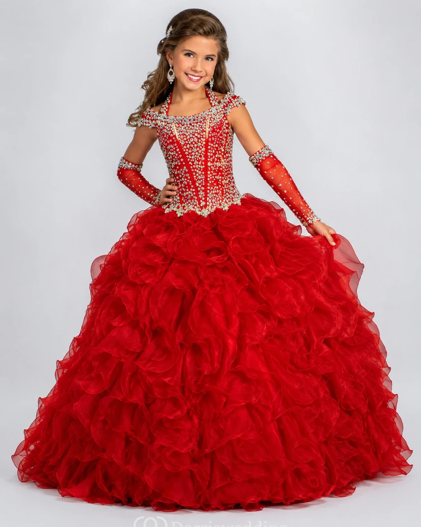 Ruffle Ball Gown Halter Corset Flower Girl Dress with Beading view 7