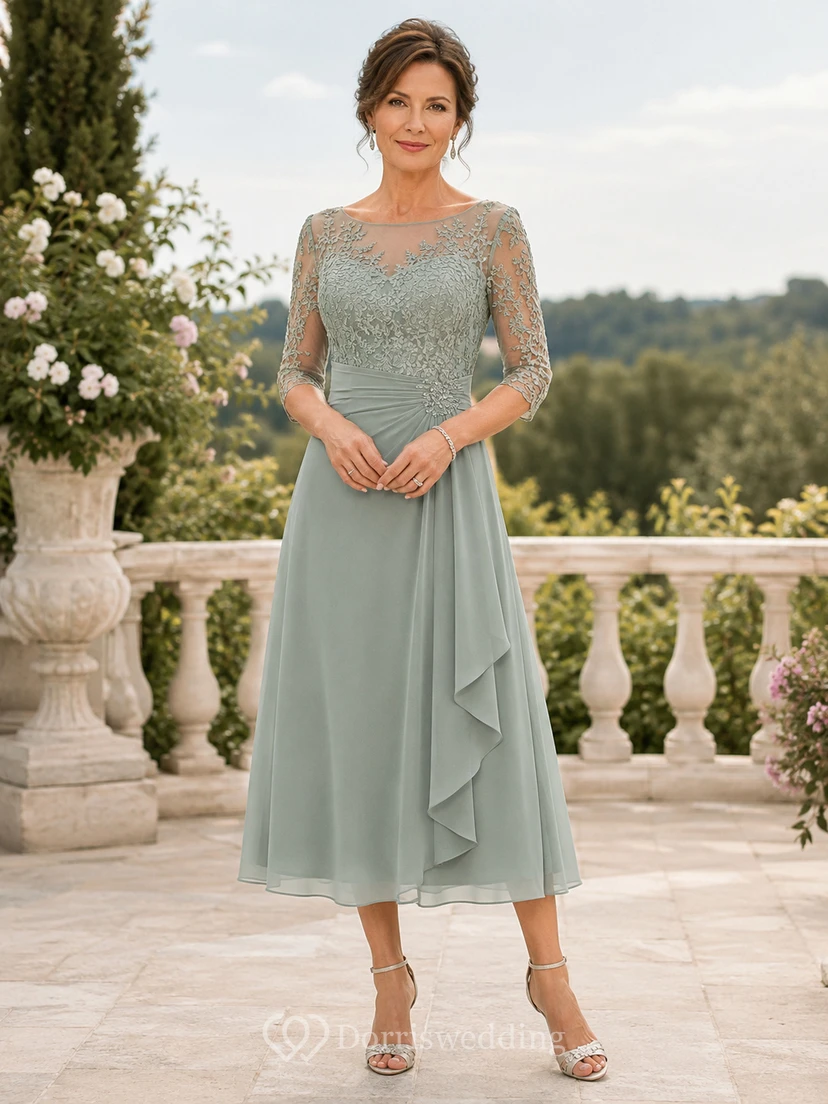 Salbeigrünes, schlichtes A-Linien-Kleid mit U-Boot-Ausschnitt, Illusion-Spitze, Dreiviertelärmeln und Teelänge – perfekt für die Mutter der Braut