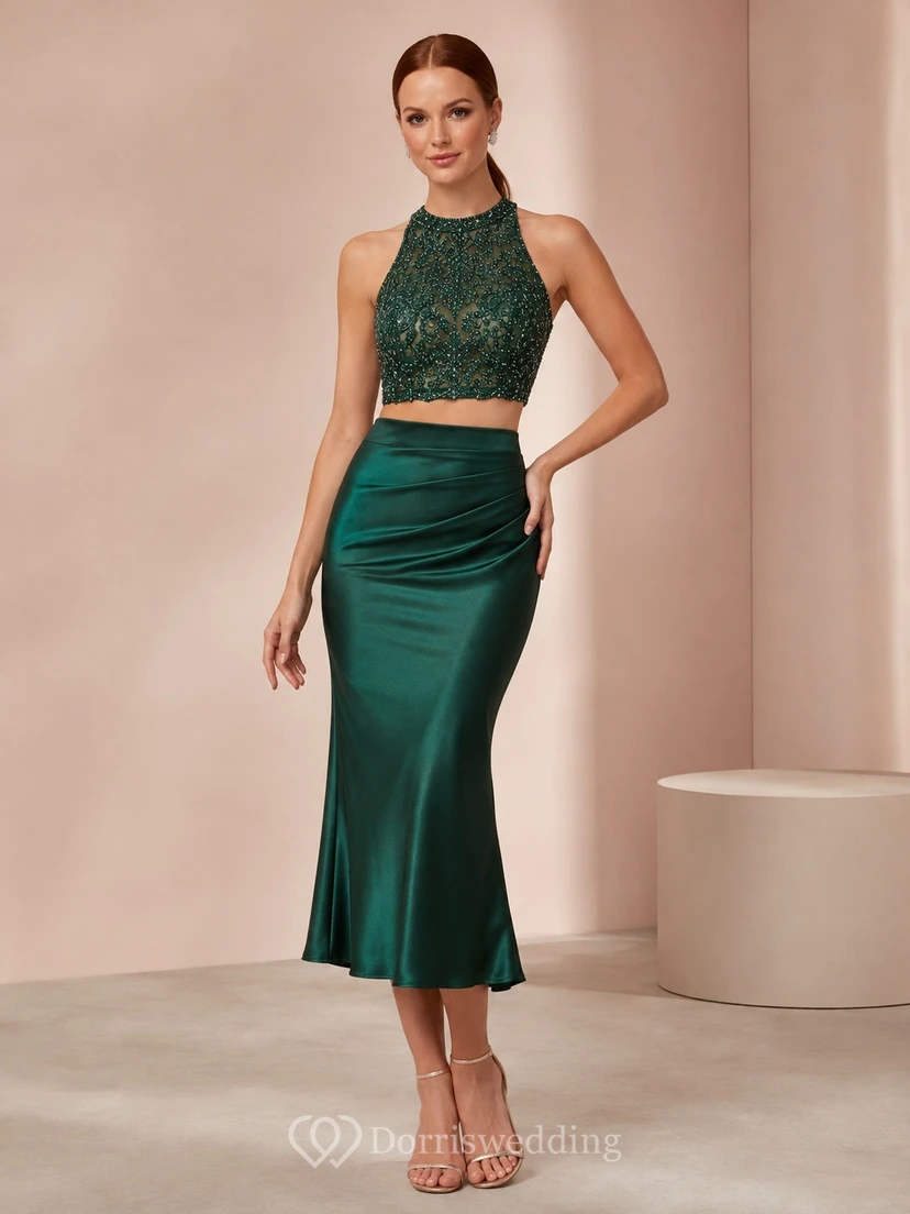 Emerald Two Piece Homecoming Set with Beaded Sleeveless Bodice Satin Midi Skirt Sculpted Waist and Fluid Drape