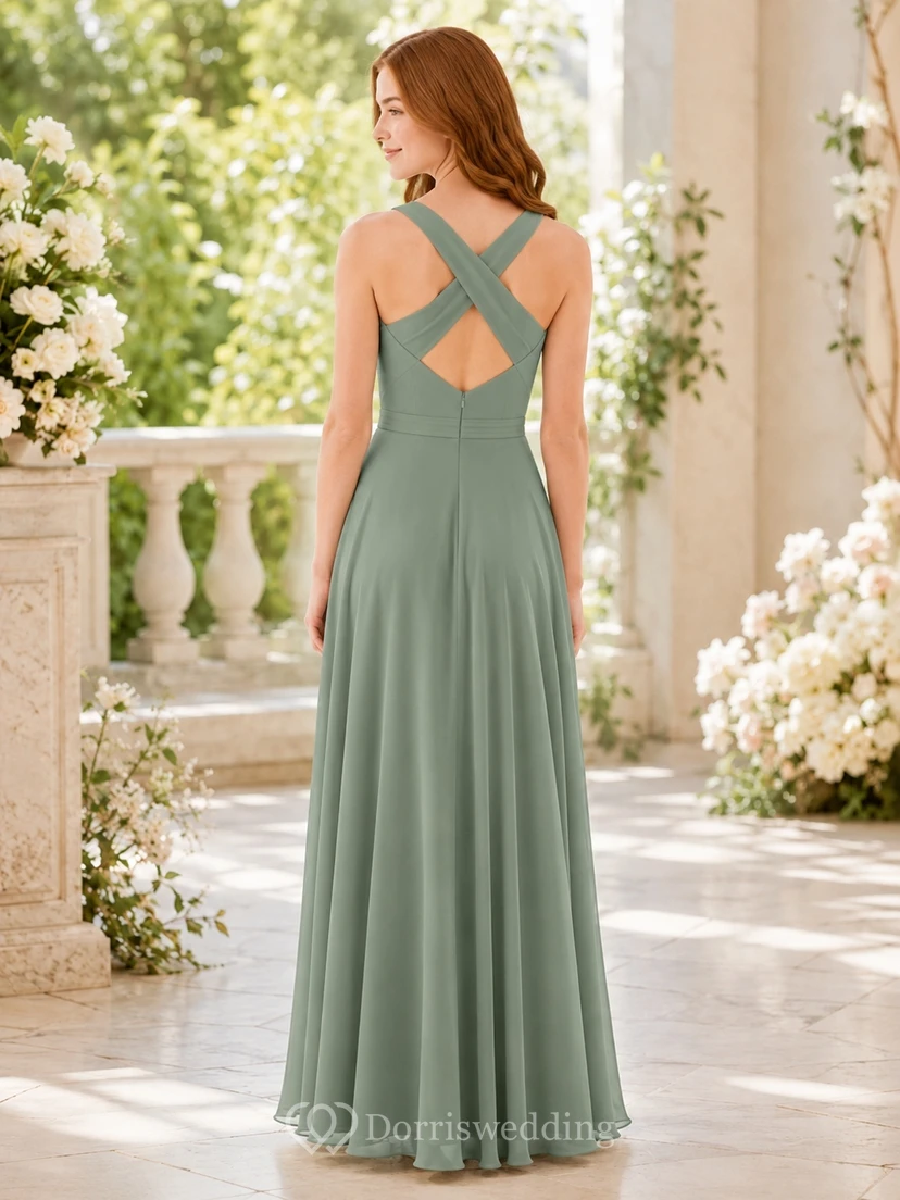 Vestido de dama de honor juvenil color celadón, corte A, escote barco, sin mangas, espalda cruzada, estilo romántico. view 2