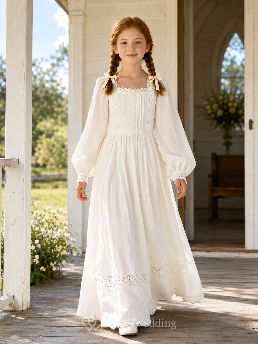Vestido de Primera Comunión de encaje con cuello cuadrado y mangas abullonadas, estilo pradera