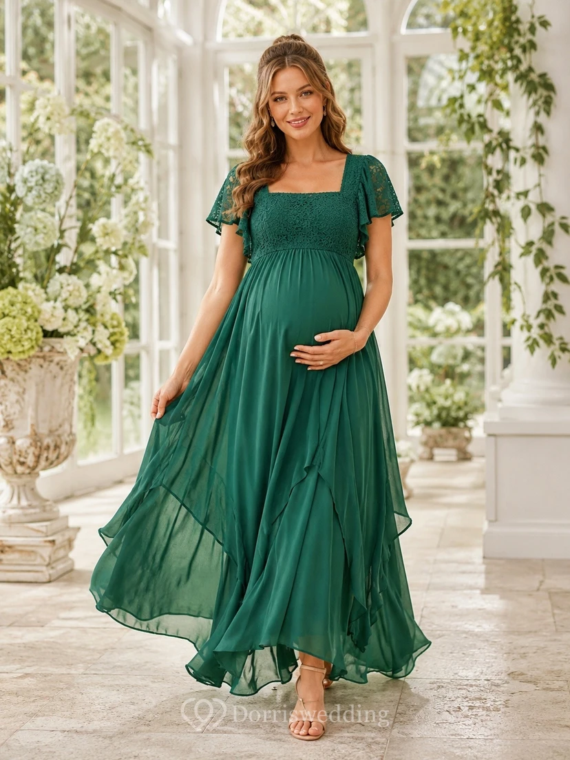 Emerald Square Neck Short Sleeve Empire Maternity Maxi Dress