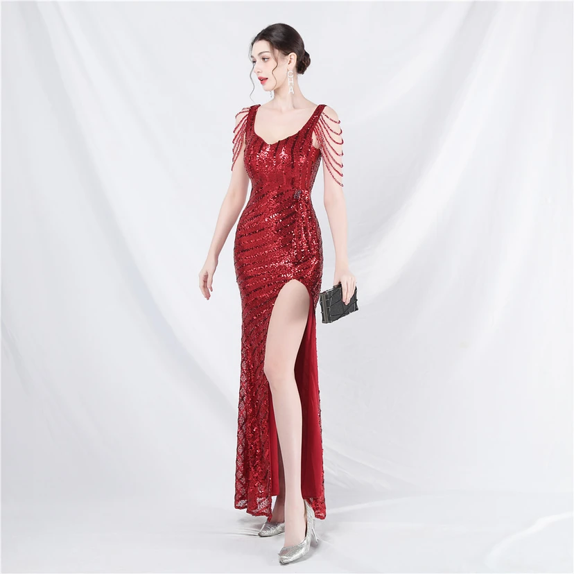 Craft Sequined Velvet Bottom Handmade Beaded Long Elegant Light Luxury Evening Dress view 54