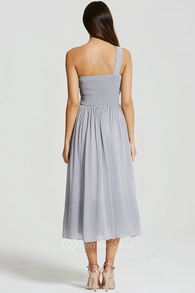 Tea-Length Sleeveless One-Shoulder Ruched Chiffon Bridesmaid Dress With Beading view 3