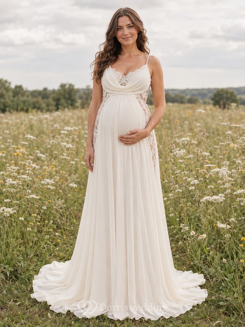 Vestido de novia sencillo con escote corazón y cola de estilo pradera para embarazadas
