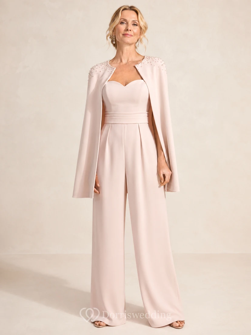 Blush Mother Jumpsuit with Sweetheart Neck Cape Jumpsuit with Shoulder Embellishment