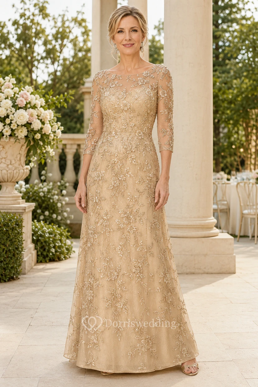 Robe MOB en dentelle champagne fourreau, manches longues, col bateau, longueur au sol