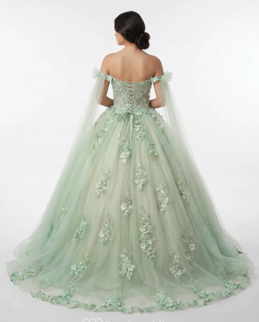 Salbeigrünes Quinceañera-Ballkleid, schulterfrei, mit 3D-Blumenapplikationen aus Tüll view 2