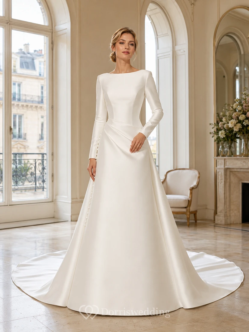 Schlichtes Brautkleid aus Satin in A-Linie mit U-Boot-Ausschnitt, langen Ärmeln und Hofschleppe