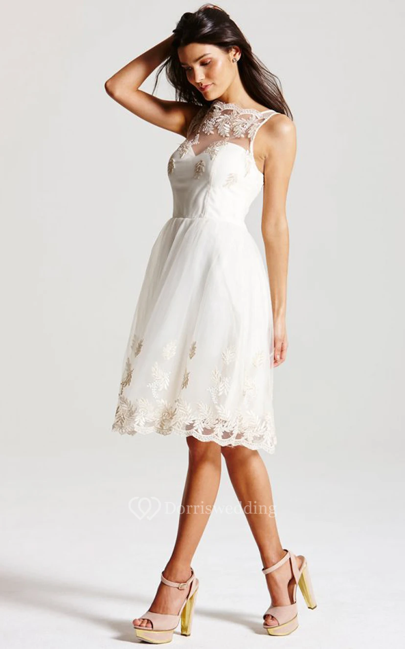 High-Neck Knee-Length Dress With Lace And Illusion Straps view 3