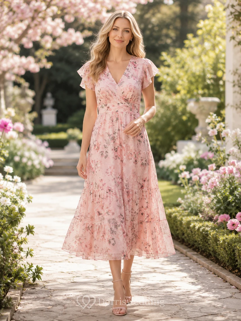 Blush Floral Lace V-neck Tea-length A-Line Dress