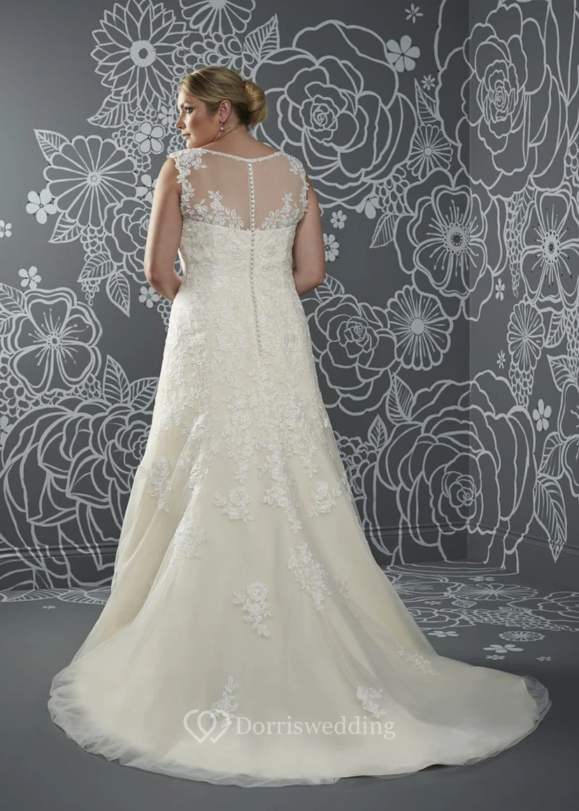 A-Line Floor-Length Sleeveless Satin Sweep Train Illusion Appliques Dress view 2