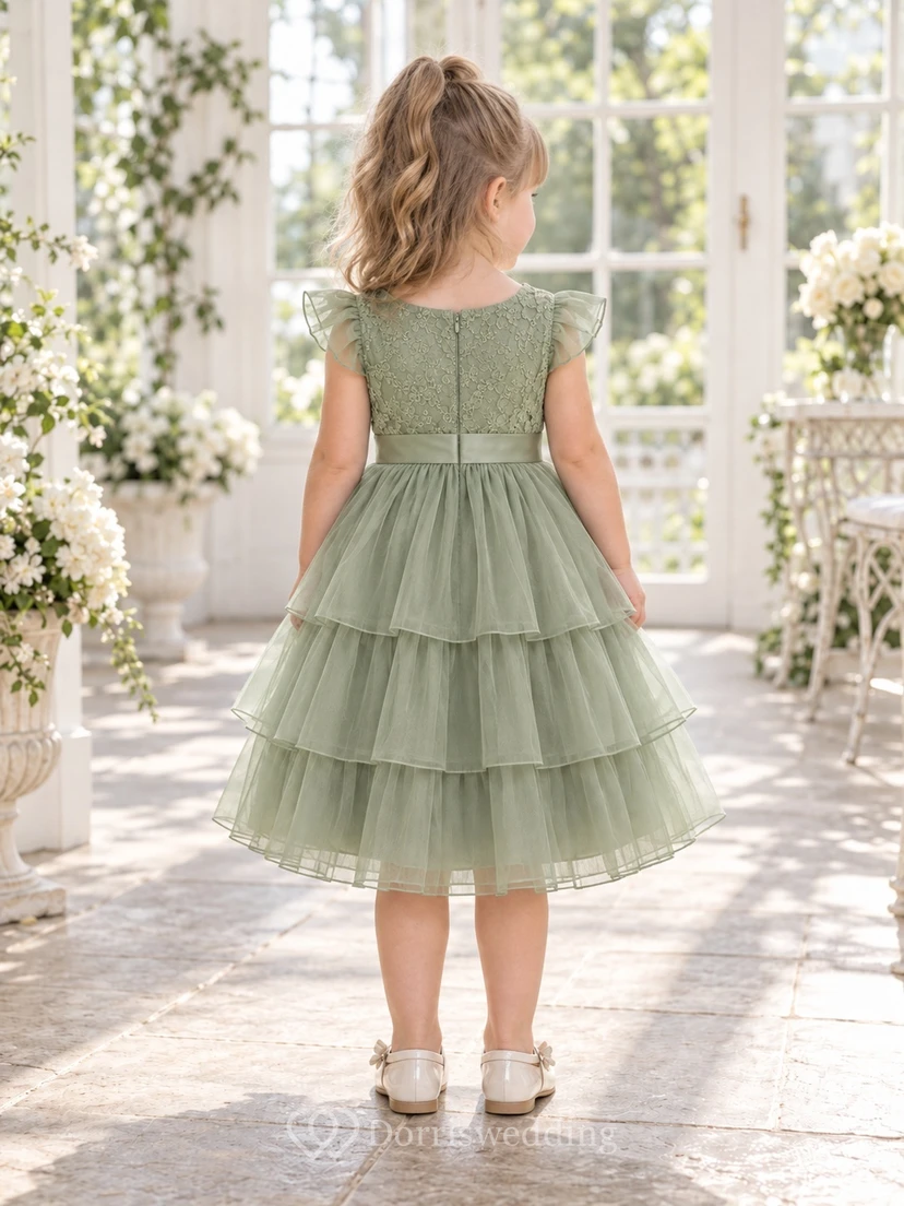 Teelanges, salbeigrünes Sommerkleid in A-Linie mit Tüllspitze am Oberteil, kurzen Ärmeln und Stufenrock für Blumenmädchen view 2