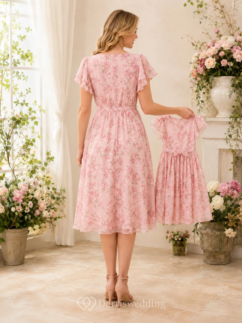 Rosa geblümtes A-Linien-Kleid mit V-Ausschnitt, flatternden Ärmeln und Teelänge – ideal für Mütter view 2