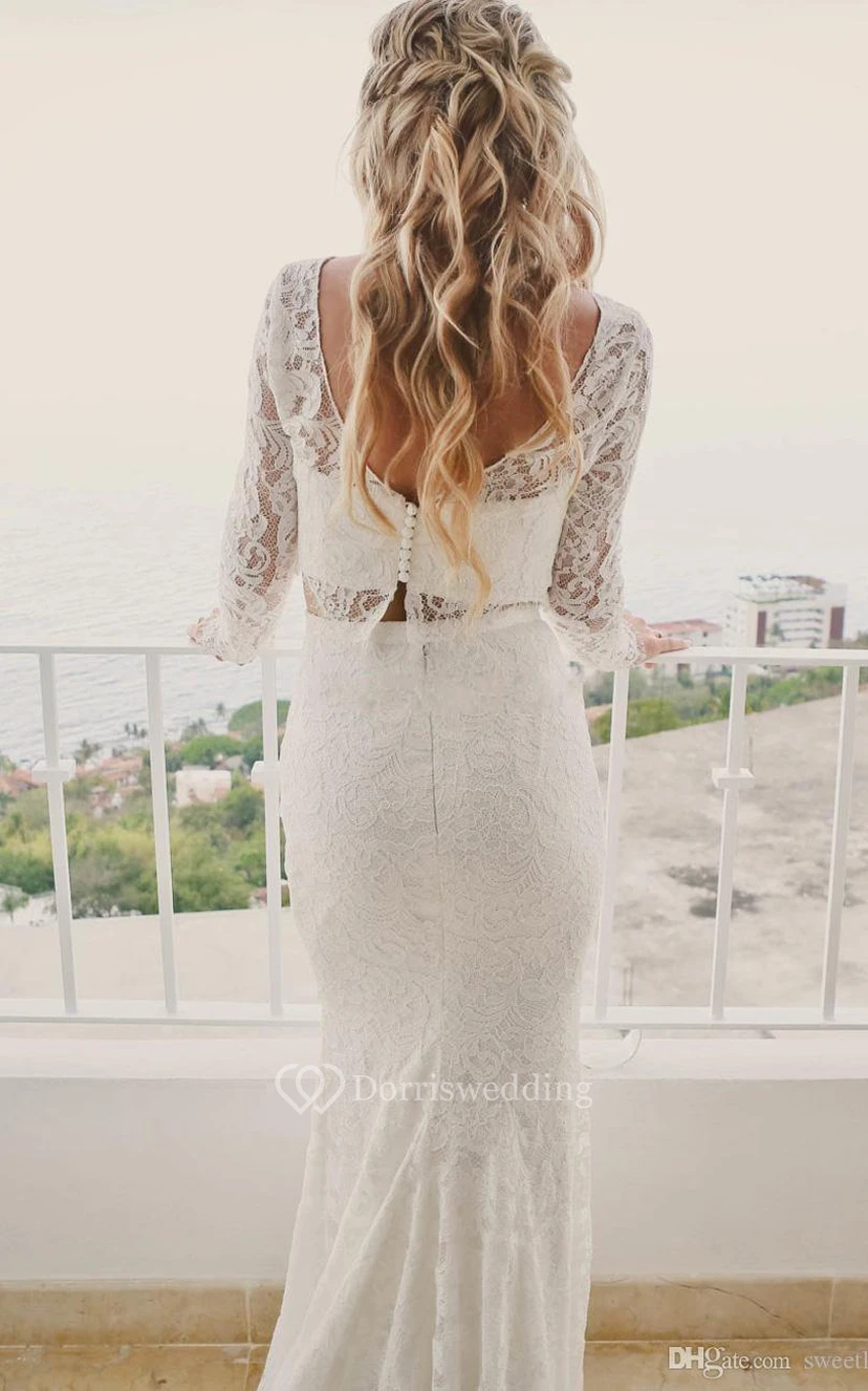 Robe de mariée deux pièces simple en dentelle bateau, longue jusqu'au sol et manches longues view 2