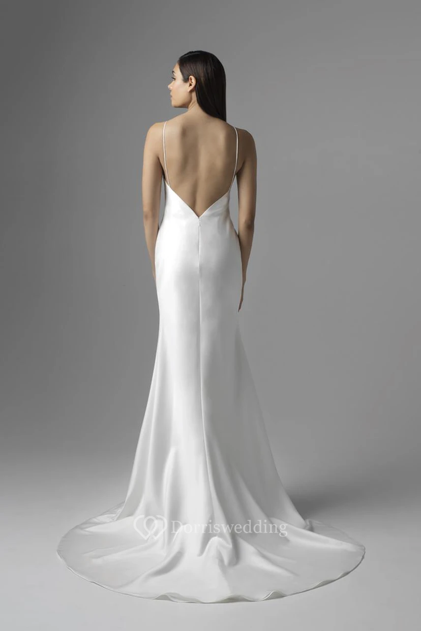 Sheath Spaghetti Maxi Sleeveless Satin Wedding Dress With Court Train And Backless Style view 2