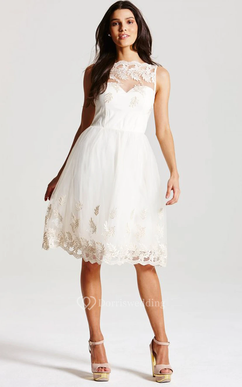 High-Neck Knee-Length Dress With Lace And Illusion Straps view 4