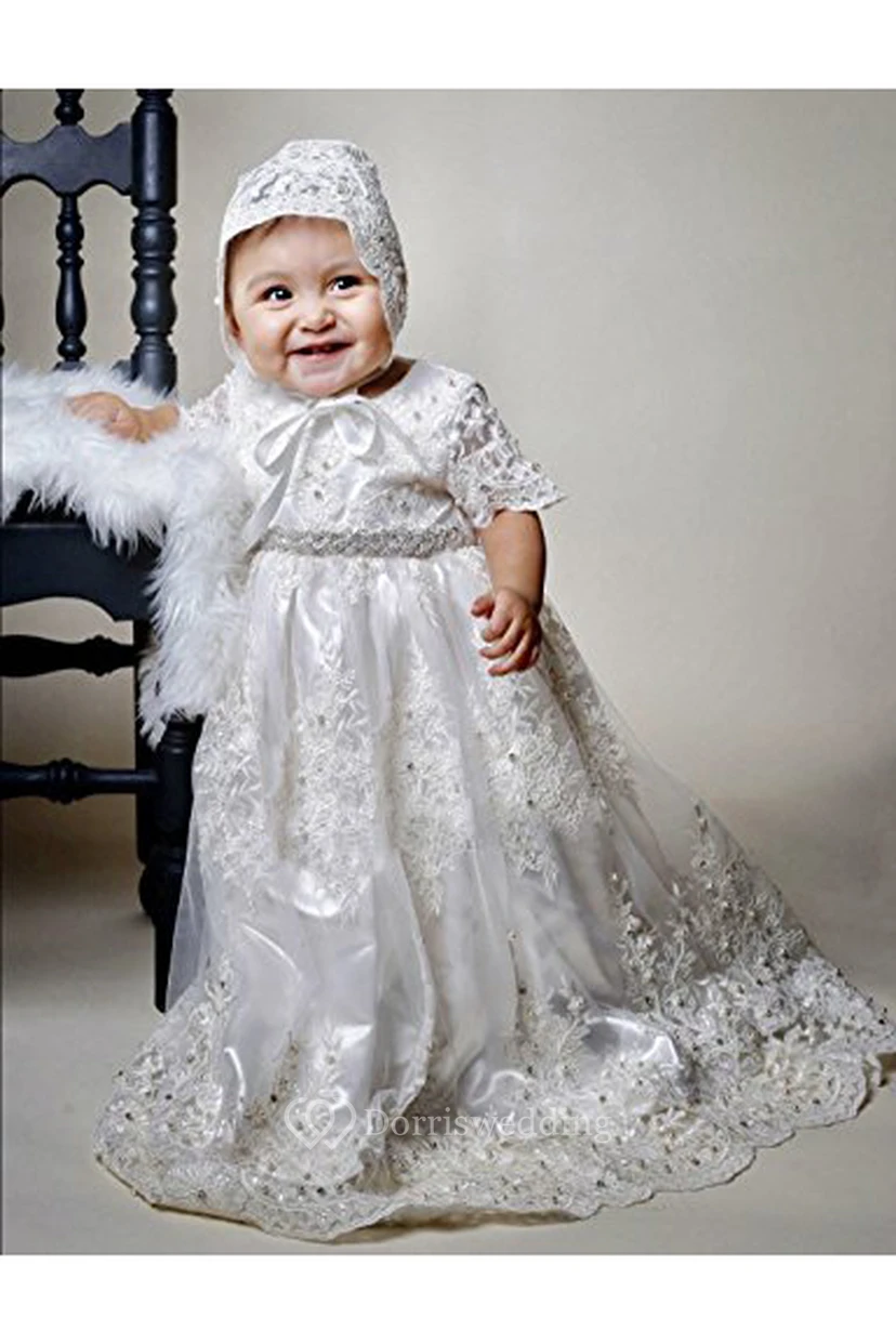 Charming Christening Dress With Lace Appliques And Beaded Belt view 2