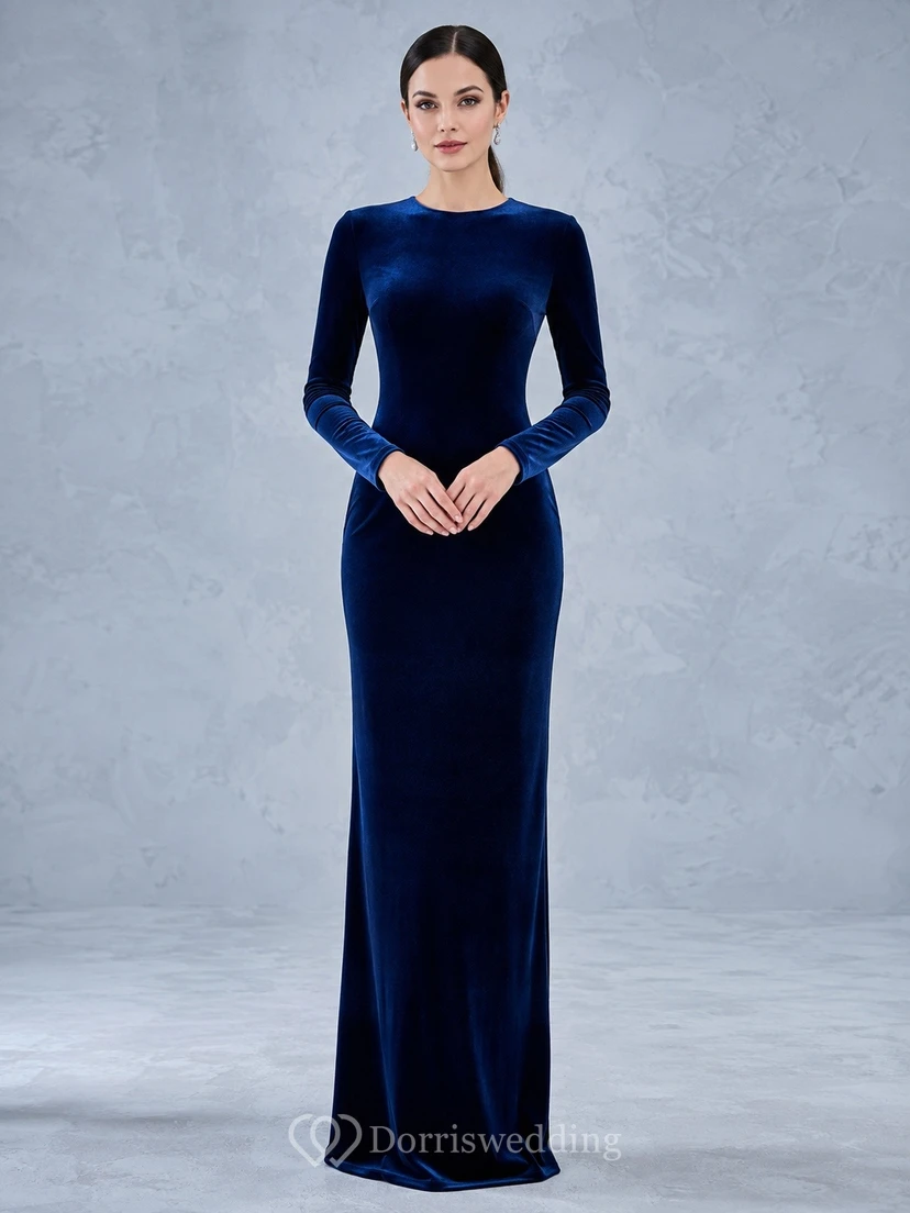 Modest Ink Navy Velvet Sheath Floor-Length High Neck Long Sleeve Evening Dress