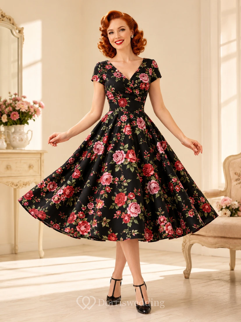 Fifties Black Floral V-Neck Swing Retro Cocktail Occasion Dress