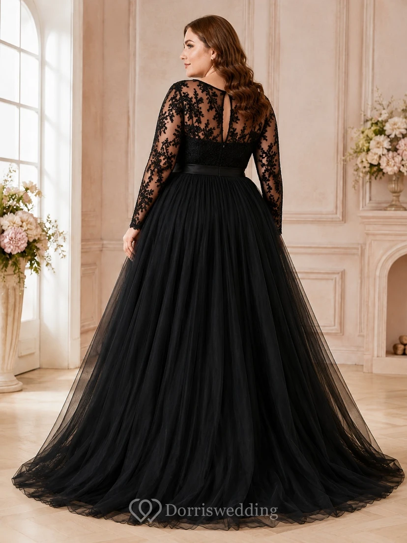 Plus Size Black Long Sleeve Lace Tulle Ball Gown Floor-Length Formal Dress view 2